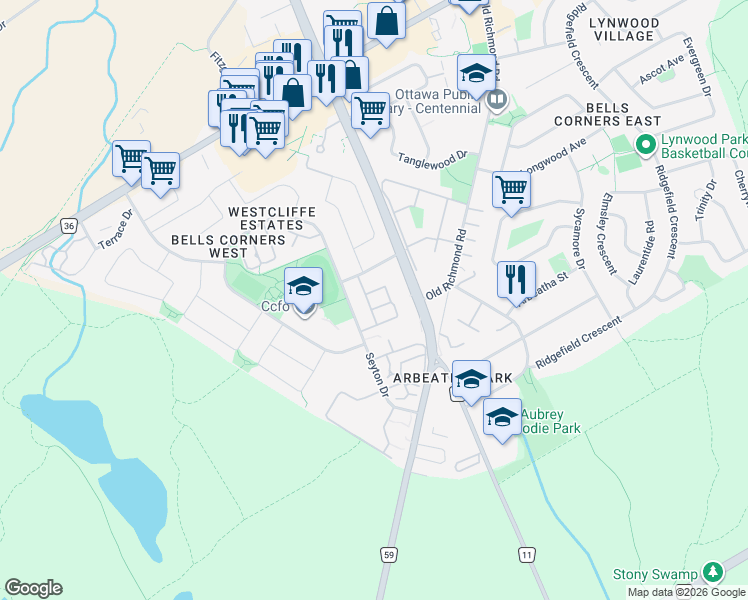 map of restaurants, bars, coffee shops, grocery stores, and more near 147 Wharhol Private in Ottawa