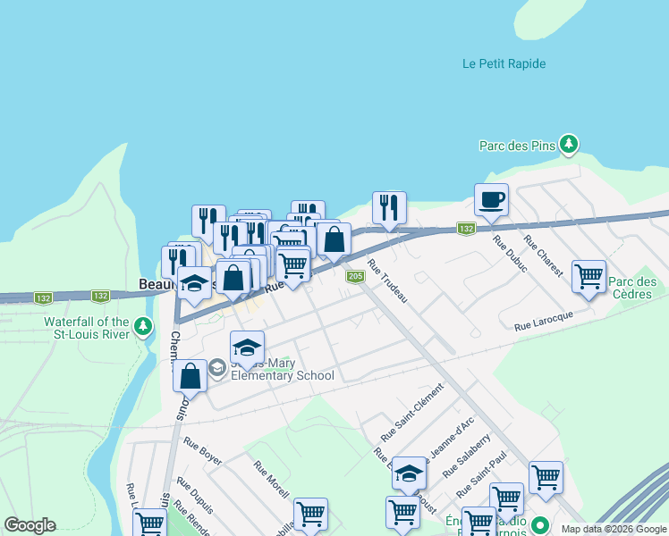 map of restaurants, bars, coffee shops, grocery stores, and more near 174 Rue Ellice in Beauharnois