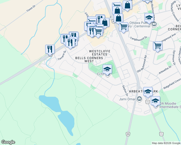 map of restaurants, bars, coffee shops, grocery stores, and more near 664 Seyton Drive in Ottawa