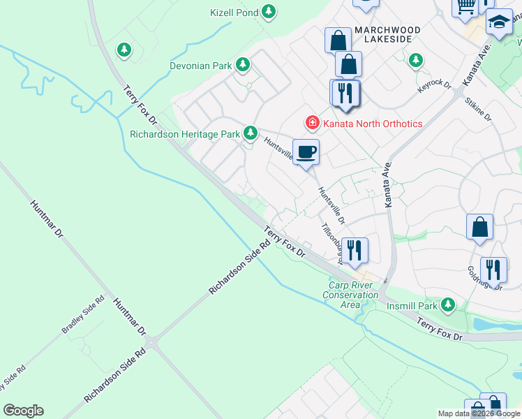 map of restaurants, bars, coffee shops, grocery stores, and more near 170 Boundstone Way in Ottawa