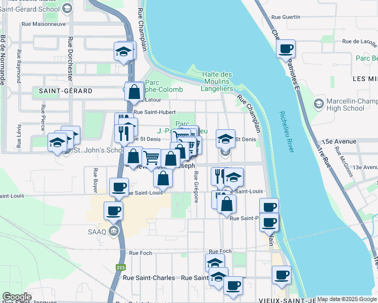 map of restaurants, bars, coffee shops, grocery stores, and more near 145 Boulevard Saint-Joseph in Saint-Jean-sur-Richelieu