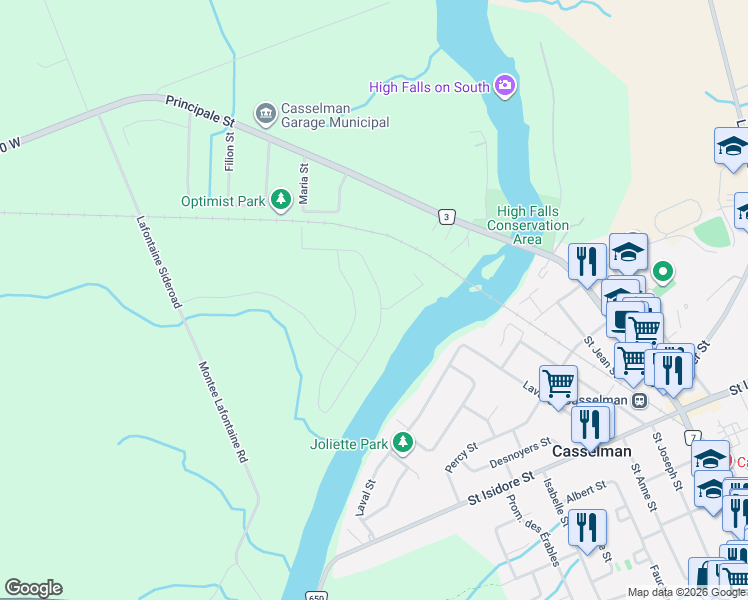 map of restaurants, bars, coffee shops, grocery stores, and more near 149 Argile Street in Casselman