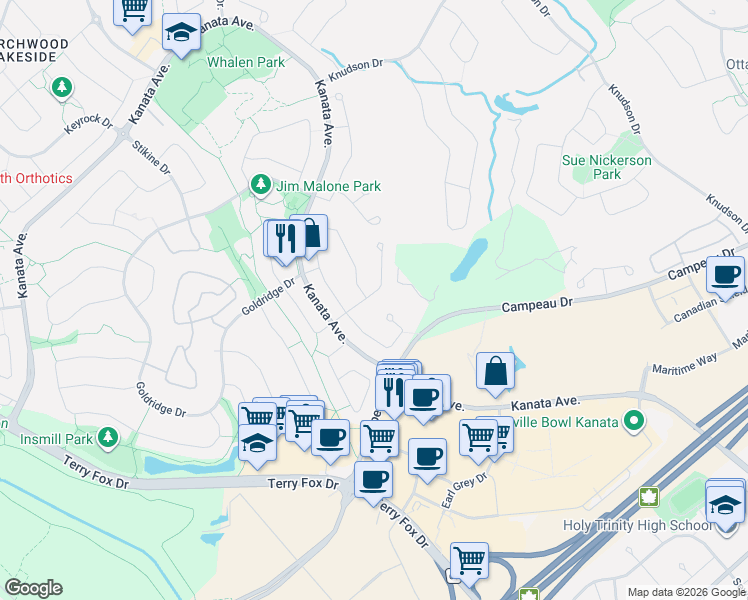 map of restaurants, bars, coffee shops, grocery stores, and more near 36 Robson Court in Ottawa