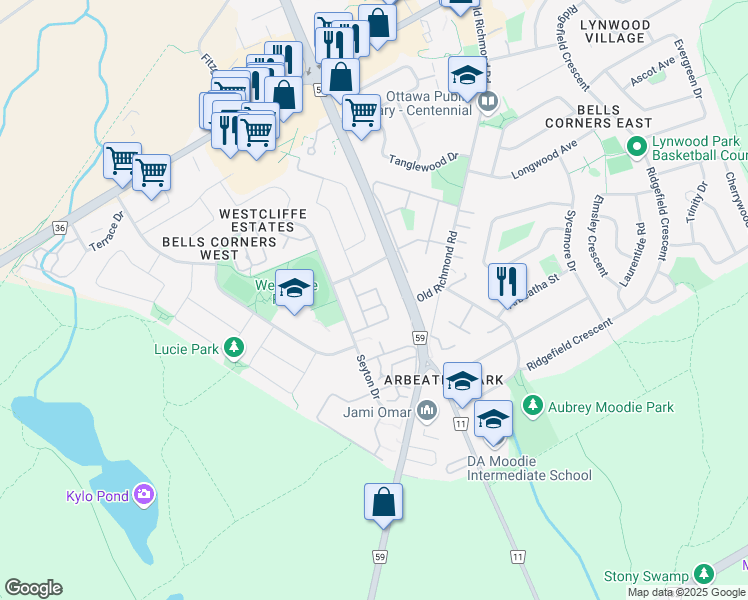 map of restaurants, bars, coffee shops, grocery stores, and more near 254 Gershwin Private in Ottawa