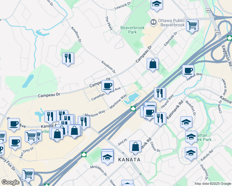 map of restaurants, bars, coffee shops, grocery stores, and more near 1175 Maritime Way in Ottawa