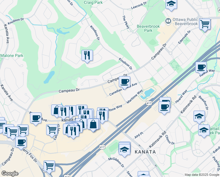 map of restaurants, bars, coffee shops, grocery stores, and more near Cordillera Street in Ottawa