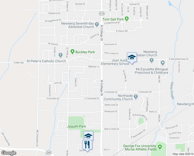 map of restaurants, bars, coffee shops, grocery stores, and more near 641 Arlington Drive in Newberg