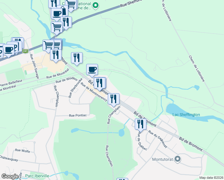 map of restaurants, bars, coffee shops, grocery stores, and more near 126 Boulevard de Bromont in Bromont
