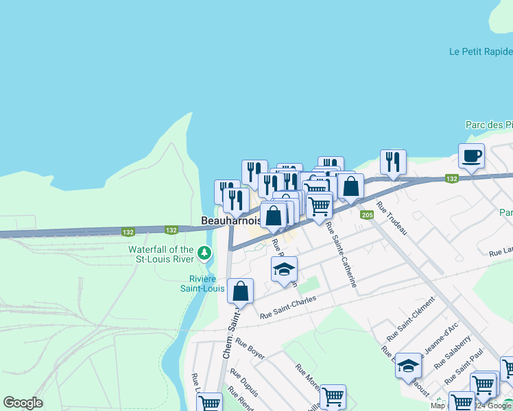 map of restaurants, bars, coffee shops, grocery stores, and more near 7 Rue Richardson in Beauharnois