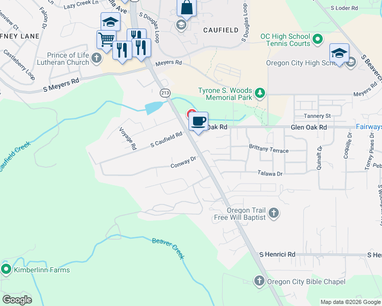 map of restaurants, bars, coffee shops, grocery stores, and more near 14187 Conway Drive in Oregon City
