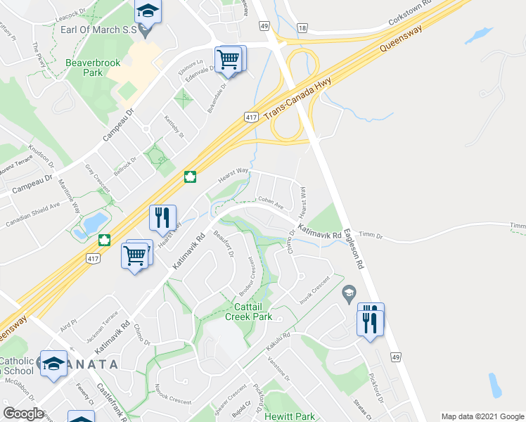 map of restaurants, bars, coffee shops, grocery stores, and more near 66 Peary Way in Ottawa