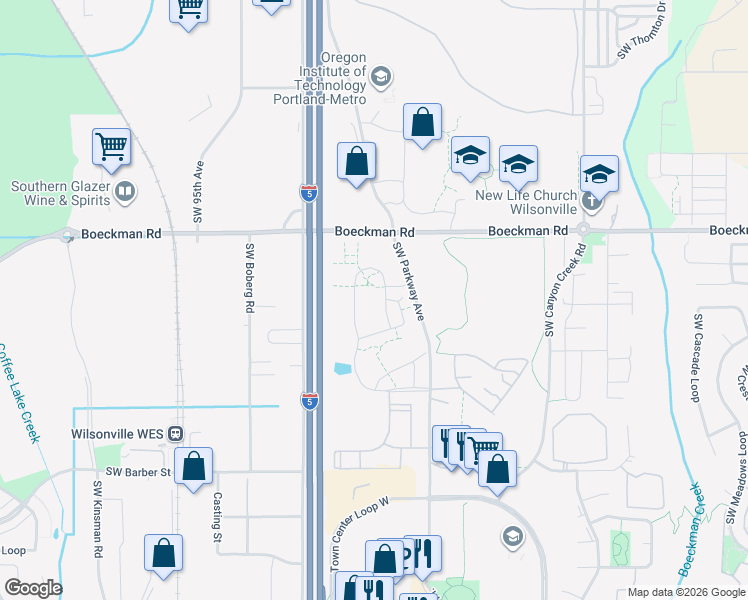 map of restaurants, bars, coffee shops, grocery stores, and more near 8945 Southwest Ash Meadows Road in Wilsonville