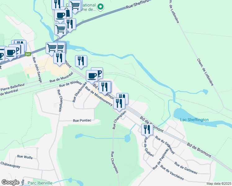 map of restaurants, bars, coffee shops, grocery stores, and more near 124 Boulevard de Bromont in Bromont