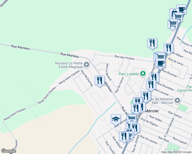 map of restaurants, bars, coffee shops, grocery stores, and more near 82 Rue F.-P. -Labrie in Mercier