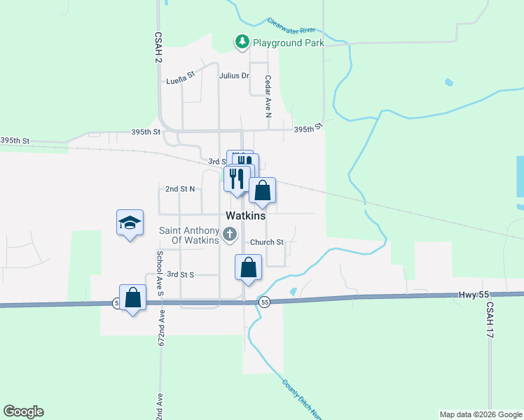 map of restaurants, bars, coffee shops, grocery stores, and more near 110 Cedar Avenue South in Watkins
