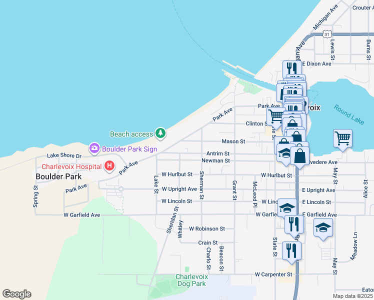 map of restaurants, bars, coffee shops, grocery stores, and more near 400-498 Newman Street in Charlevoix