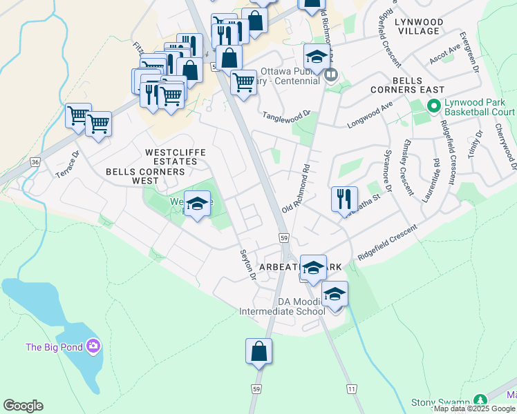 map of restaurants, bars, coffee shops, grocery stores, and more near 245 Gershwin Private in Ottawa
