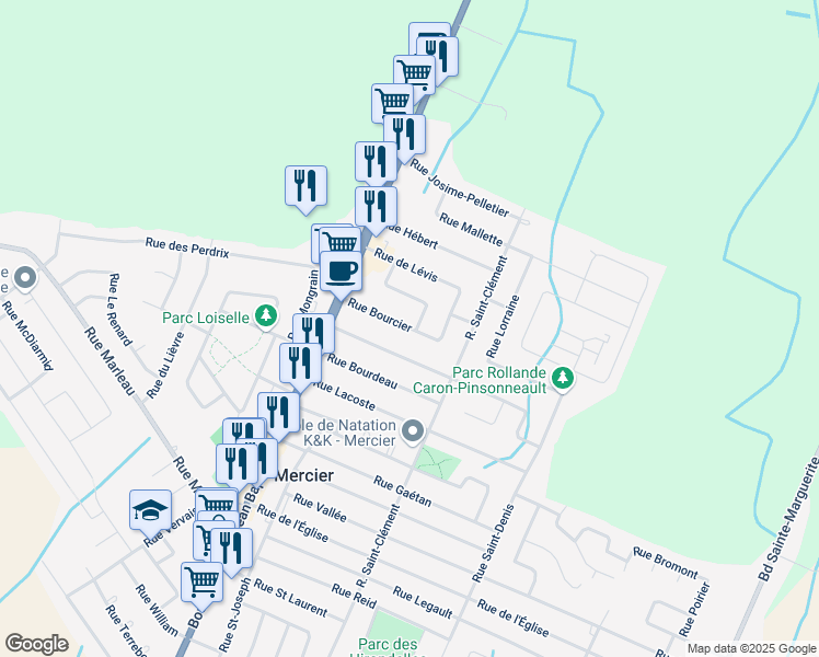 map of restaurants, bars, coffee shops, grocery stores, and more near 24 Rue Bourcier in Mercier