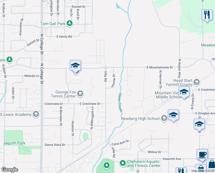 map of restaurants, bars, coffee shops, grocery stores, and more near 2101 Thorne Street in Newberg