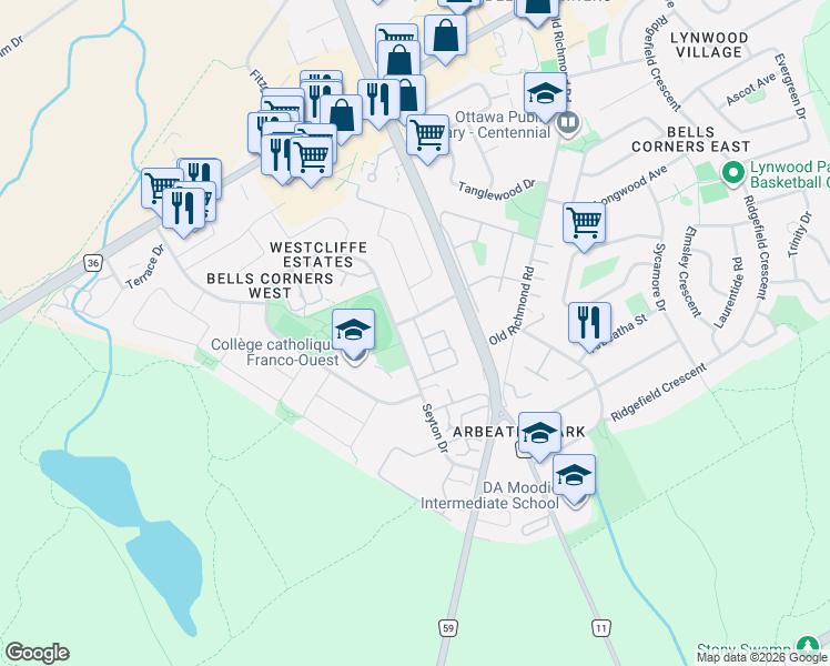 map of restaurants, bars, coffee shops, grocery stores, and more near 112 Wharhol Private in Ottawa