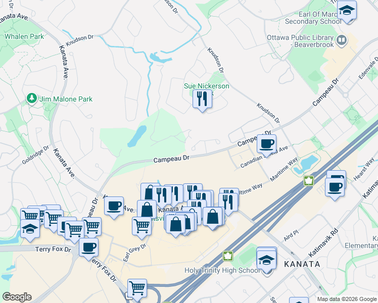 map of restaurants, bars, coffee shops, grocery stores, and more near 29 Stonecroft Terrace in Ottawa