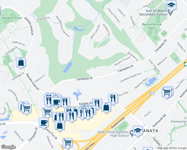 map of restaurants, bars, coffee shops, grocery stores, and more near 29 Stonecroft Terrace in Ottawa