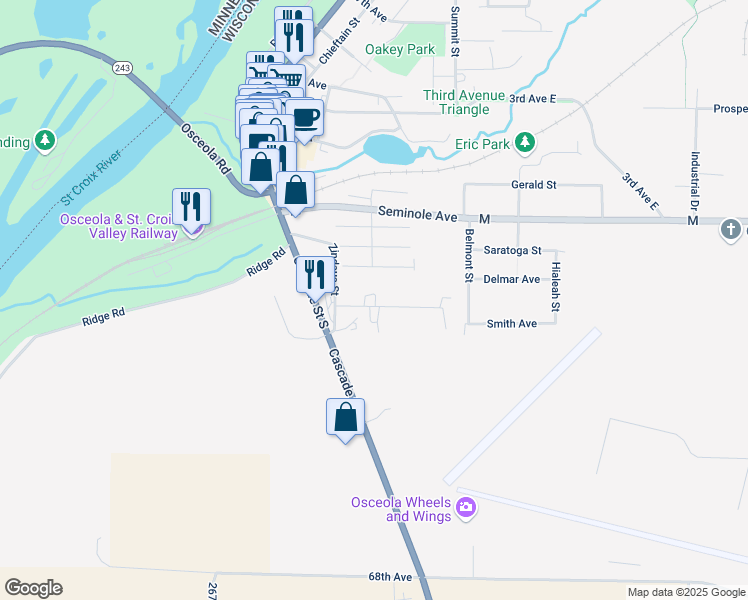 map of restaurants, bars, coffee shops, grocery stores, and more near 303 South Avenue in Osceola