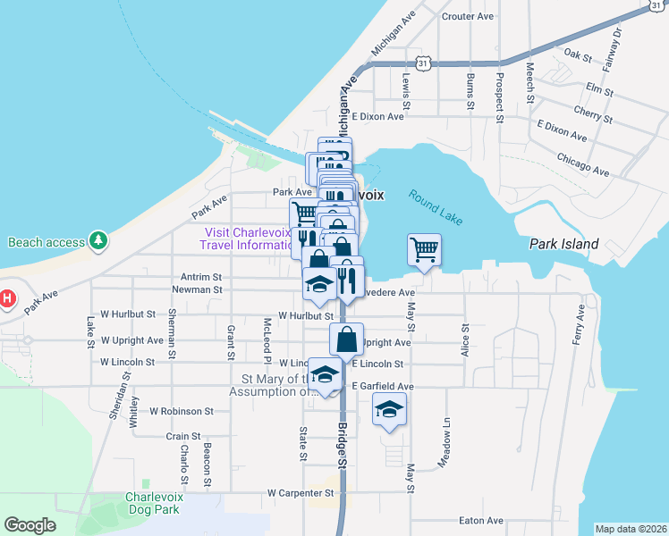 map of restaurants, bars, coffee shops, grocery stores, and more near 103 Belvedere Avenue in Charlevoix