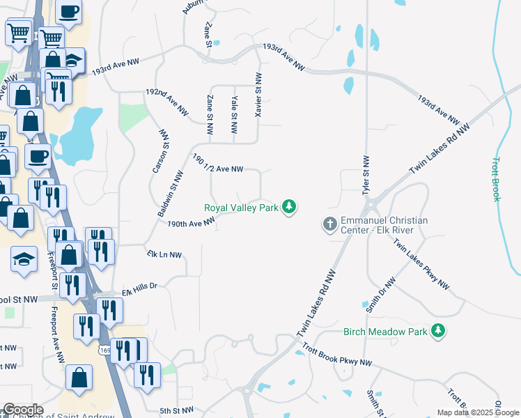 map of restaurants, bars, coffee shops, grocery stores, and more near 11042 190th Avenue Northwest in Elk River