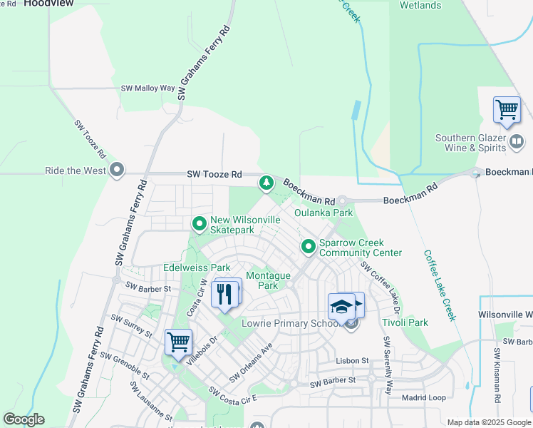 map of restaurants, bars, coffee shops, grocery stores, and more near 28201 Southwest 110th Avenue in Wilsonville