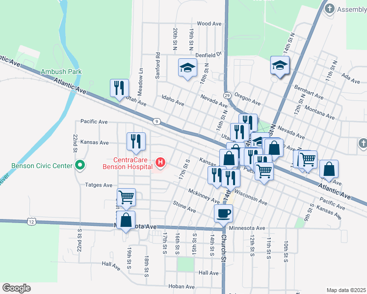 map of restaurants, bars, coffee shops, grocery stores, and more near 203 18th Street in Benson