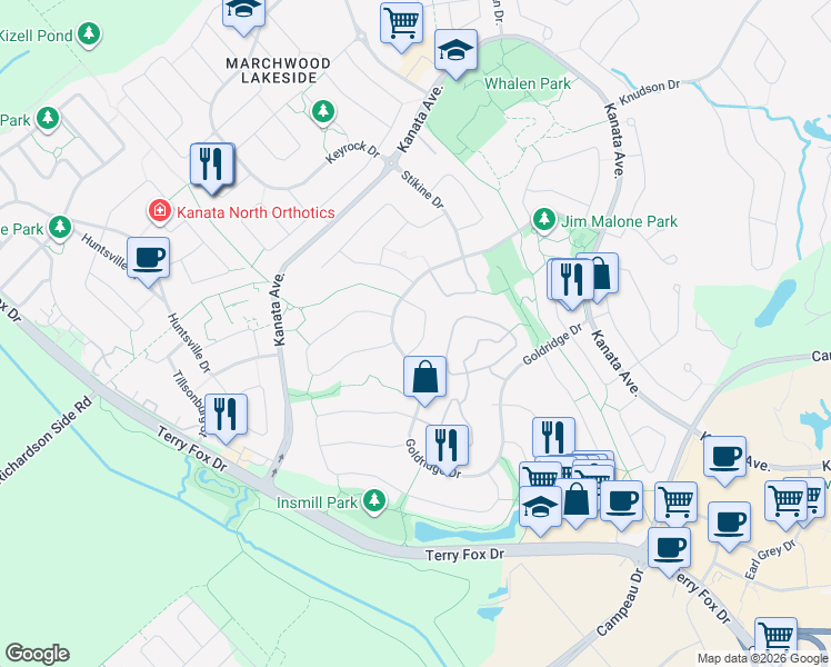 map of restaurants, bars, coffee shops, grocery stores, and more near 24 Norgold Crescent in Ottawa