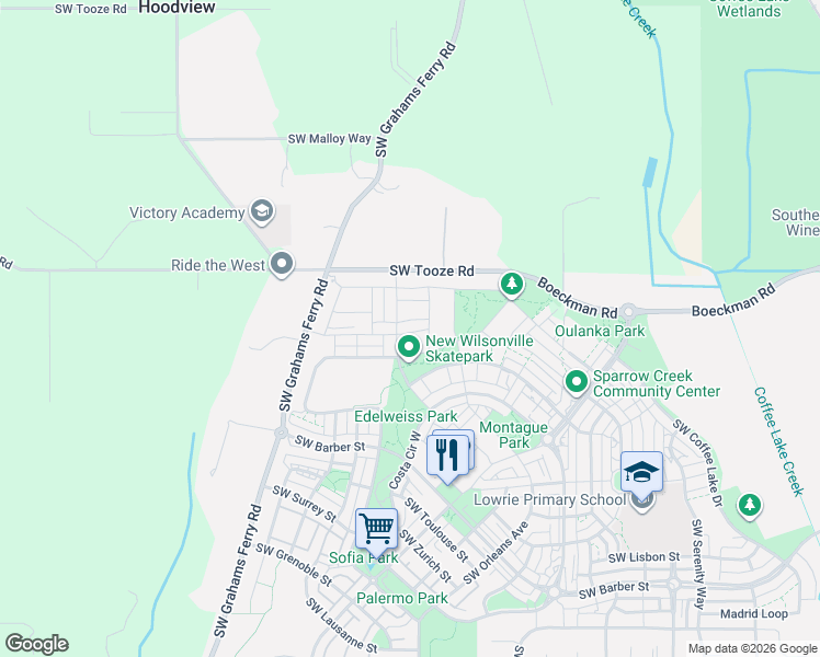map of restaurants, bars, coffee shops, grocery stores, and more near 12440 Southwest Palermo Street in Wilsonville