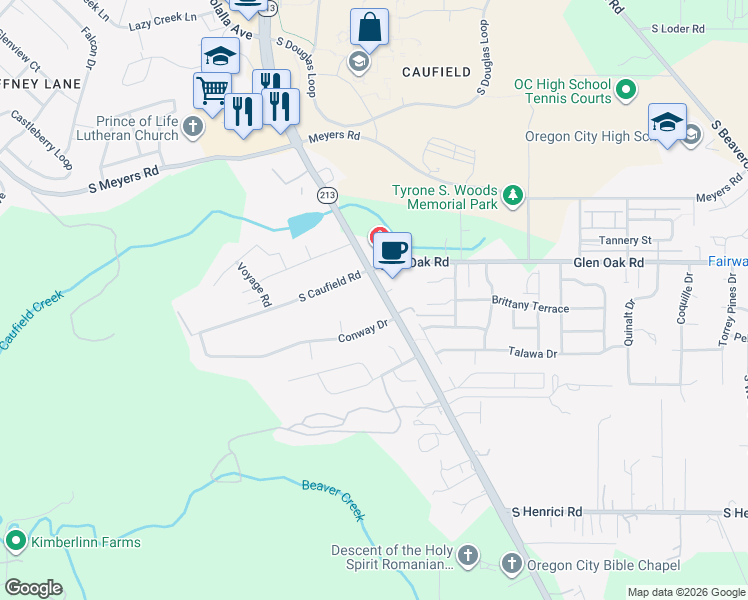 map of restaurants, bars, coffee shops, grocery stores, and more near 20085 Oregon 213 in Oregon City