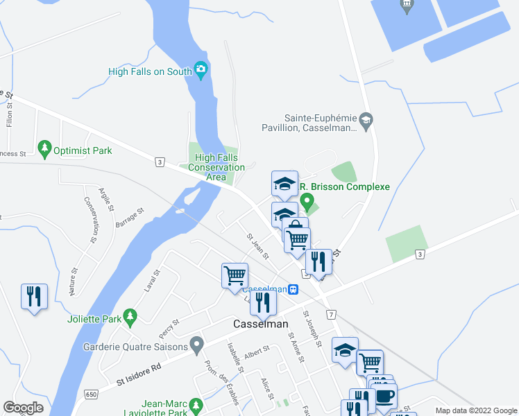 map of restaurants, bars, coffee shops, grocery stores, and more near 782 Principale Street in Casselman