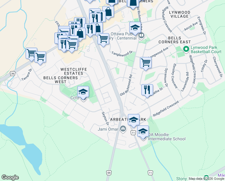 map of restaurants, bars, coffee shops, grocery stores, and more near 500 Moodie Drive in Ottawa