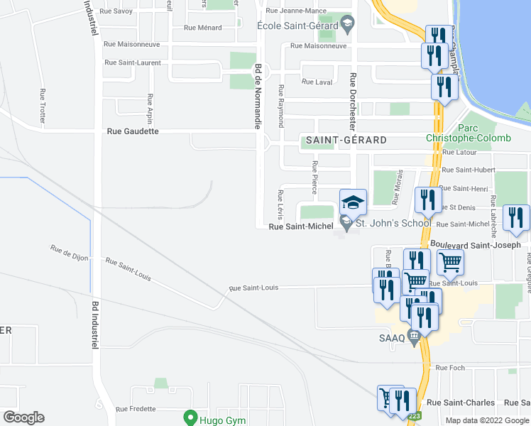 map of restaurants, bars, coffee shops, grocery stores, and more near 527 Boulevard de Normandie in Saint-Jean-sur-Richelieu