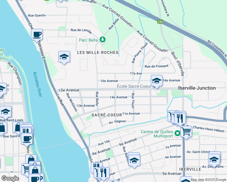 map of restaurants, bars, coffee shops, grocery stores, and more near 245 Rue Riendeau in Iberville