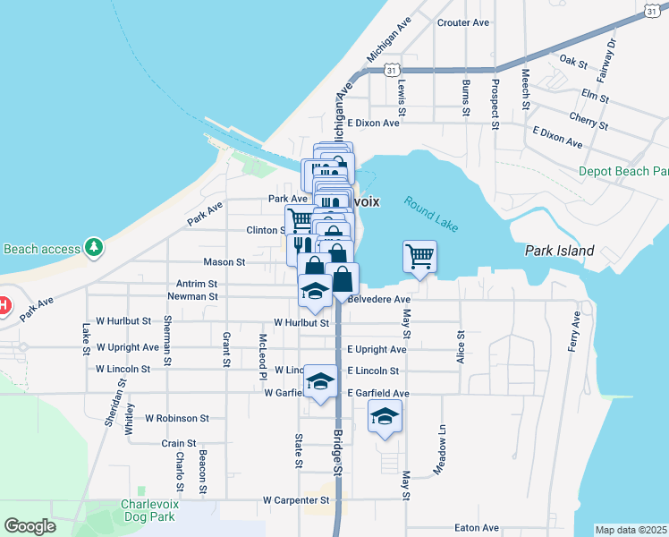 map of restaurants, bars, coffee shops, grocery stores, and more near 405 Bridge Street in Charlevoix