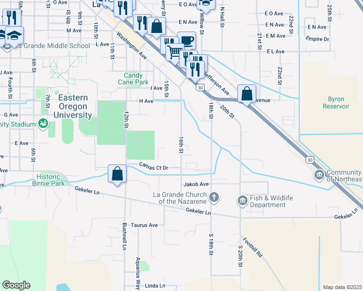 map of restaurants, bars, coffee shops, grocery stores, and more near 507 16th Street in La Grande