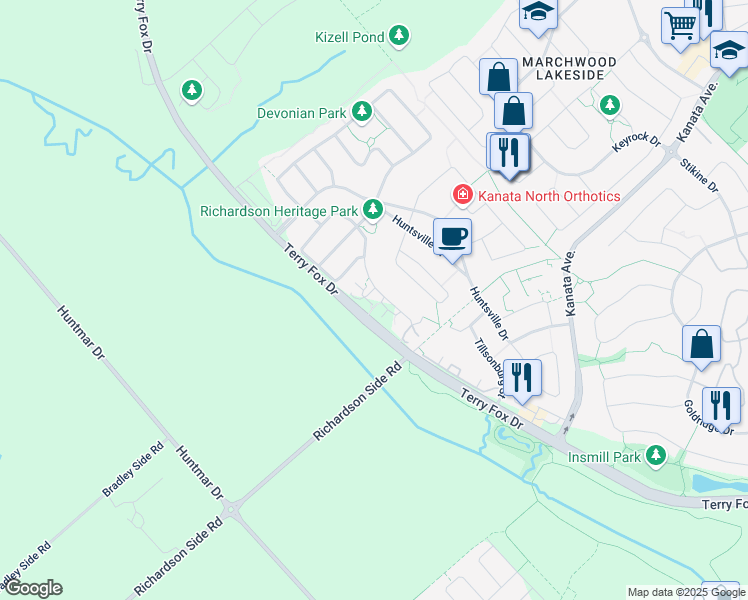 map of restaurants, bars, coffee shops, grocery stores, and more near 125 Boundstone Way in Ottawa