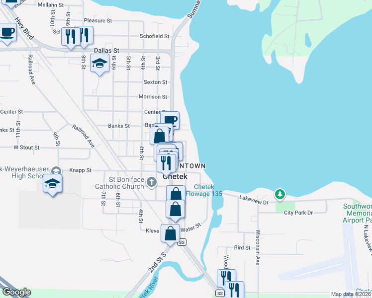 map of restaurants, bars, coffee shops, grocery stores, and more near 110 Stout Street in Chetek
