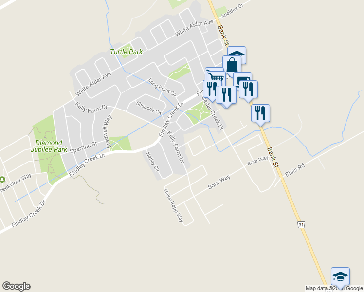 map of restaurants, bars, coffee shops, grocery stores, and more near 332 Alasken Drive in Ottawa