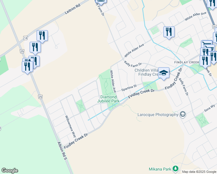 map of restaurants, bars, coffee shops, grocery stores, and more near White Alder Avenue in Ottawa