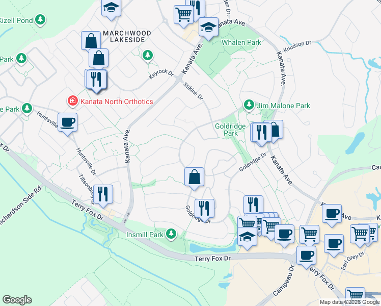 map of restaurants, bars, coffee shops, grocery stores, and more near 20 Norgold Crescent in Ottawa