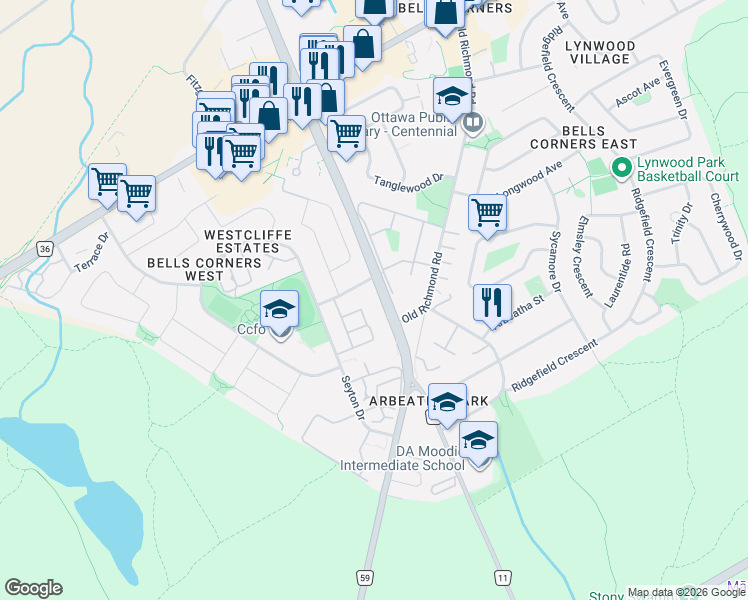 map of restaurants, bars, coffee shops, grocery stores, and more near 494 Moodie Drive in Ottawa