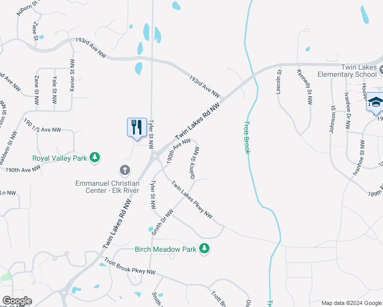 map of restaurants, bars, coffee shops, grocery stores, and more near 19024 Quincy Street Northwest in Elk River