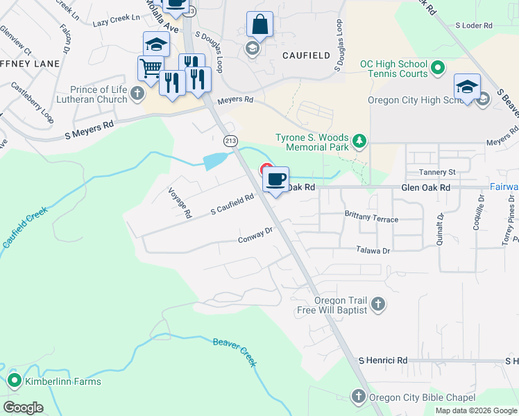 map of restaurants, bars, coffee shops, grocery stores, and more near 20071 Oregon 213 in Oregon City