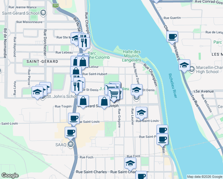 map of restaurants, bars, coffee shops, grocery stores, and more near in Saint-Jean-sur-Richelieu