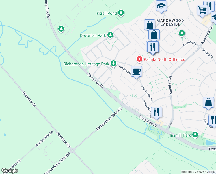map of restaurants, bars, coffee shops, grocery stores, and more near 140 Boundstone Way in Ottawa